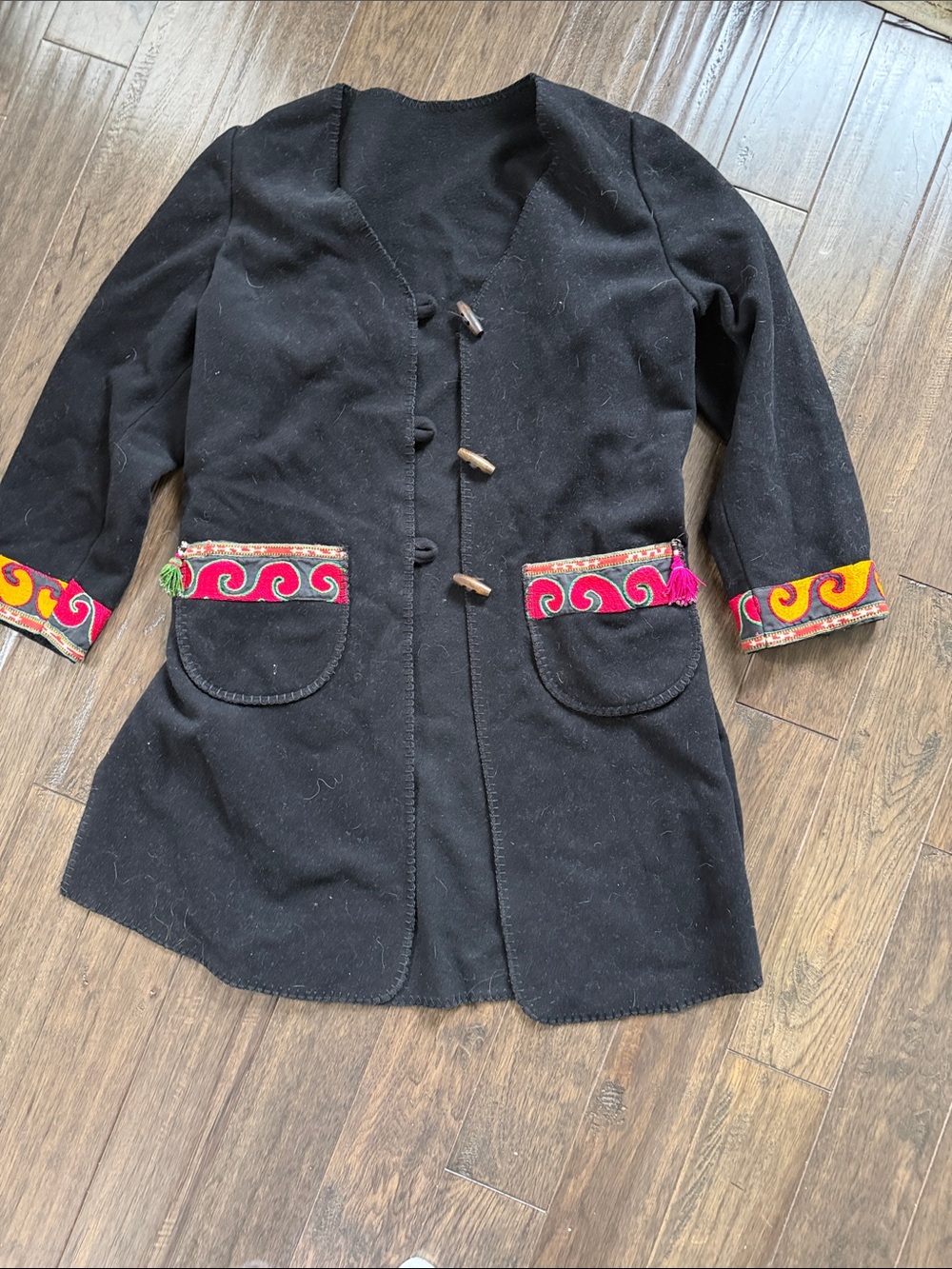 Black Embroidered Trim Women's Coat